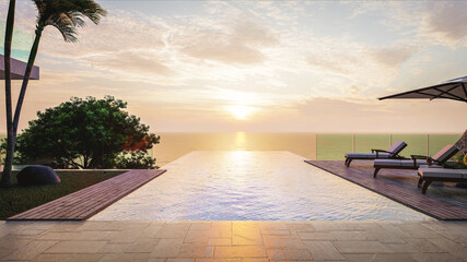Summer, beach lounge, seaside pool terrace with lounger at luxury villa with panoramic sea view in morning, 3D Rendering