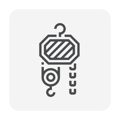 Manual chain hoist or steel chain block hoist vector icon. Lifting equipment include pulley, hook, lever, trolley, mechanical for factory, construction site, garage, workshop, warehouse and dock.