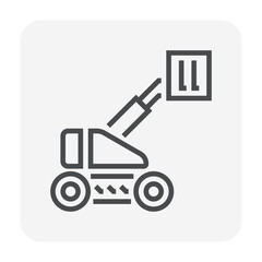 Straight or telescopic boom lift vector icon. Aerial work platform or elevator. Consist of boom, bucket operated by hydraulic. For transportation, maintenance, construction, service at height level.