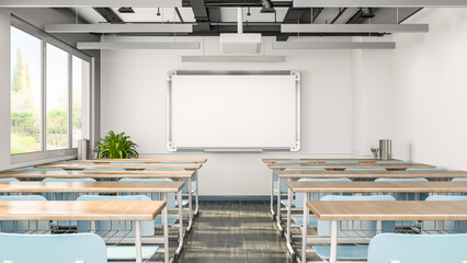 Empty classroom or presentation room interior with desks, chairs and whiteboard, 3d rendering - 408298180