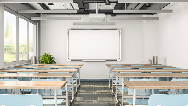 Empty classroom or presentation room interior with desks, chairs and whiteboard, 3d rendering