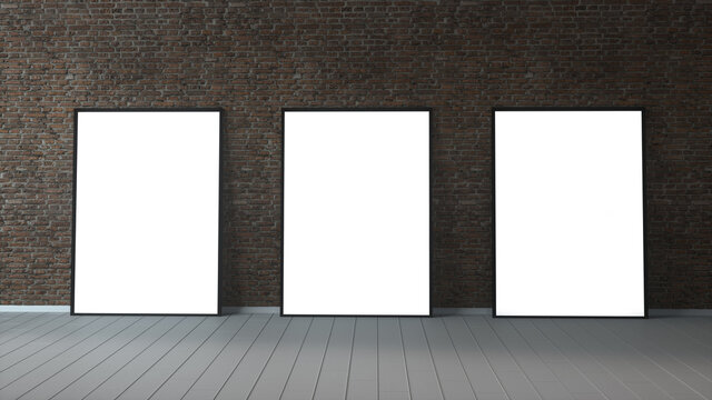 Three blank picture frame and sunlight on a brick wall. 3d rendering