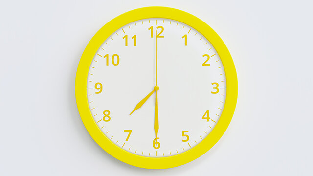 Yellow Clock on white background. time 7.30. Minimal idea concept, 3D Render.