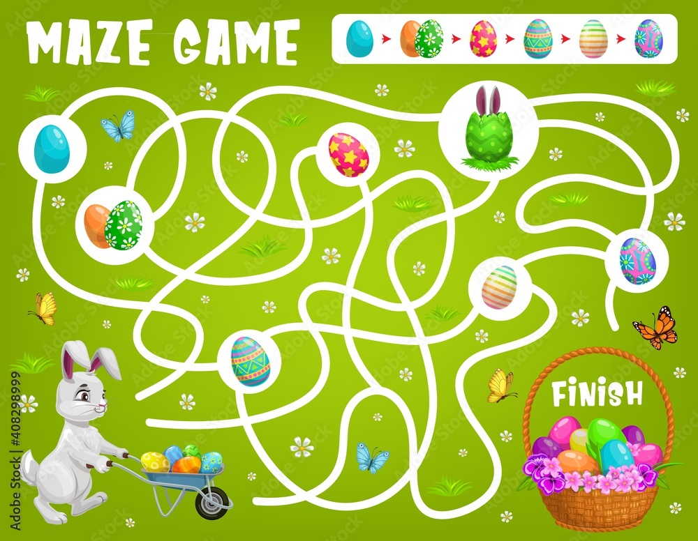 Leinwandbilder kids maze game help easter rabbit choose right path to get eggs. vector labyrinth puzzle, find corre