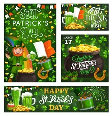 National holiday of Ireland Saint Patricks day lettering greetings and symbols of fest. Vector leprechaun with treasures, rainbow and Irish flag, food and drinks. Music on drum, lucky horseshoe