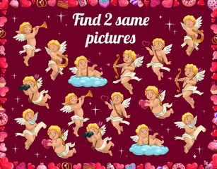 Kids game find two same pictures with cartoon cupids Valentines characters. Vector educational children riddle for home recreation or preschool mind development, logic riddle with Valentine day angels