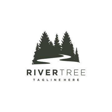 Evergreen Pine Tree With River Creek Logo Design Vector 