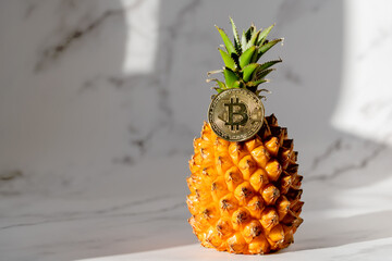The bitcoin cryptocurrency coin is placed on top of the pineapple.