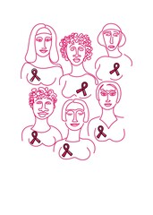 World Breast Cancer Day. Female figures with pink ribbons on the chest.