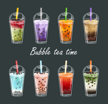 Bubble Tea Time Flavors Collection. Pearl Milk Tea , Boba Milk Tea, Yummy Drinks, Coffees With Doodle Style Banner