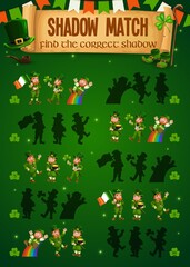 Kids game shadow match with leprechauns, children logic activity, preschool or kindergarten education with Patrick day funny character. Cartoon worksheet, find correct silhouette logic puzzle, riddle