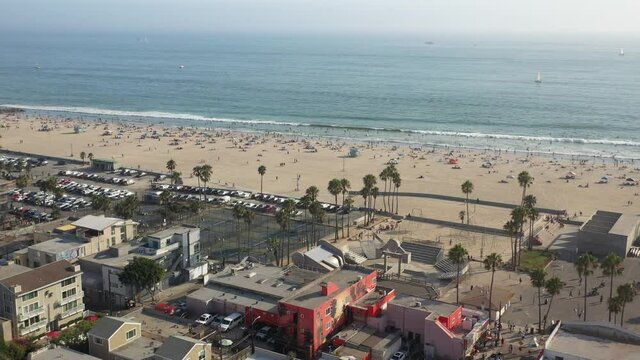 Flying Over Santa Monica and Beach Towards the Ocean