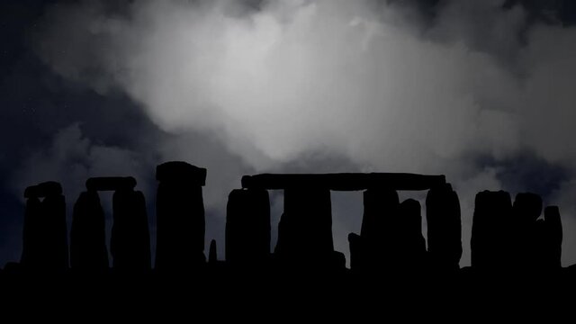 Stonehenge by Night with Crescent Moon, Clouds and Ring of Stones in Silhouette, Amesbury, England