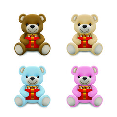 Realistic little cute baby bear doll character smiling and holding a red present gift for love. An animal bear cartoon relaxing gesture. Vector illustration design.