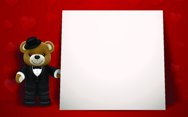 Realistic little cute smiling bear doll wear tuxedo character holding a gift box and standing next to white frame on red background. Valentine's day and love concept vector illustration design.