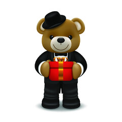 Realistic little cute smiling bear doll wear tuxedo character holding a gift box and standing isolated on white background. Valentine's day and love concept vector illustration design.
