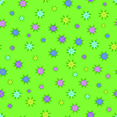 Seamless pattern with multicolored small flat flowers on a green background. Vector illustration.