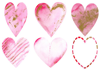 Watercolor pink hearts with golden spots. Valentine's Day beautiful decoration.