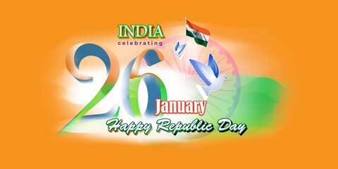 Fototapeta na wymiar Vector banner of Happy Republic day, 26 january, national holiday of India, abstract India flag, ashoka chakra, template for website and social media.