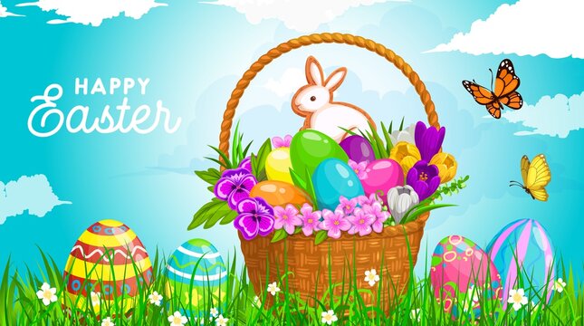 Easter egg hunt basket vector design with easter eggs and bunny cookie, spring green grass blades and flowers, butterflies and blooming herbs, pansies, crocuses. Resurrection Sunday holiday greetings
