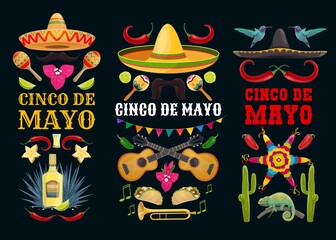 Cinco de Mayo vector icons pinata, colibri and jalapeno pepper with mustaches and sombrero, guitar, maracas and trumpet. Fruits, tequila with lime, chameleon and cacti. Mexican symbols and food set