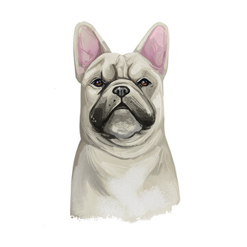 White French bulldog isolated digital art illustration. Clipart of puppy domestic cute pet, hand drawn animal, dog loss and pets birthday gift. Frenchie dog, bouledogue or bouledogue francais