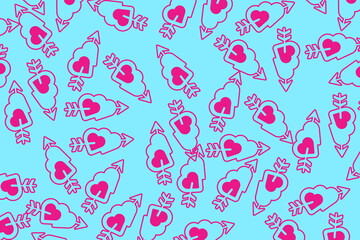 Pink hearts with blue background.