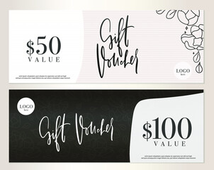 Floral modern gift voucher template set with gentle flowers and abstract organic shapes.