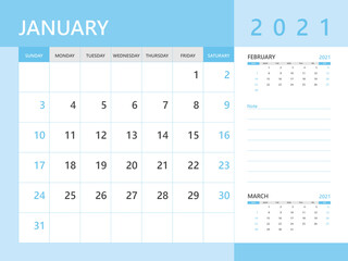 Calendar 2021 template, January 2021 year, desk calendar 2021 layout, corporate design planner template. Blue background