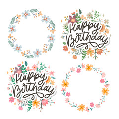 Fototapeta na wymiar Happy Birthday lettering calligraphy slogan flowers vector illustration text