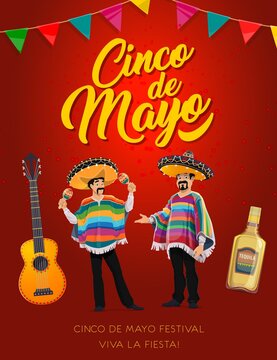Cinco de Mayo mariachi characters of vector Mexican holiday fiesta party. Mexico musicians with sombrero hats, maracas, guitar and tequila bottle greeting card with festive bunting flag garlands