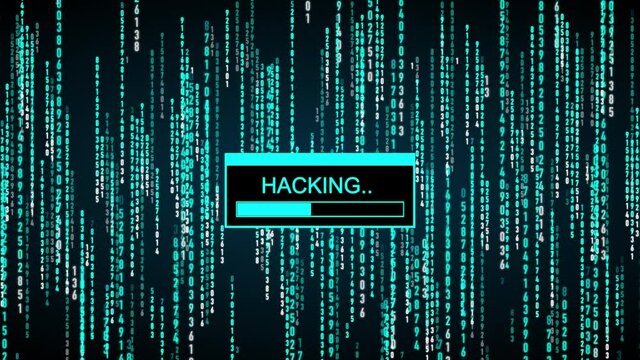 Hacking Loading bar animation with falling blue code animation , Matrix digital code rain animation as the background