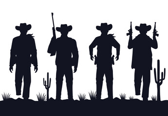 cowboys figures silhouettes with guns characters in the desert