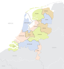 Detailed location map of the Netherlands in Europe with administrative divisions of the country, vector illustration