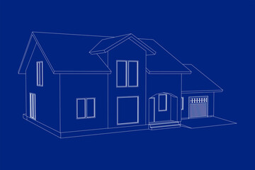 Stylish architectural  blueprint.Vector wireframe perspective of luxury modern house exterior. 3D vector model of cottage. 