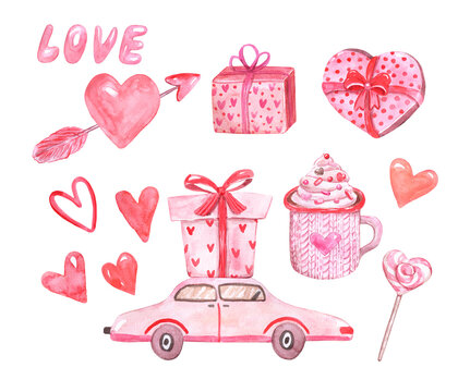 Watercolor illustrations set for Valentines day. Hand painted pink hearts, retro car, gift box, lollipop, hot chocolate mug, isolated on white background. Holiday themed symbols in cartoon style.