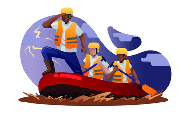 Rescue Team on rubber boat ready to evacuate flood victim 