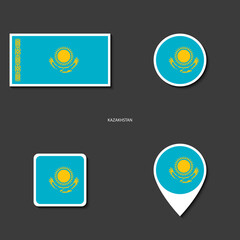 Kazakhstan flag icon set in different shape (rectangle, circle, square and marker icon) on dark grey background. Kazakhstan flag icon collection on barely dark background.