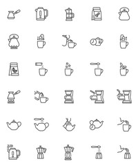 Brewing tea and coffee instruction line icons set. linear style symbols collection, outline signs pack. vector graphics. Set includes icons as tea kettle, brewing mocha coffee, teapot, sugar spoon