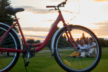 Red bicycle on the grass. Green lawn on the grass field.