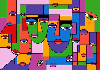 Abstract portrait. Two faces, colorful background cubism art style. Texture with women portraits for print, contemporary fashion design