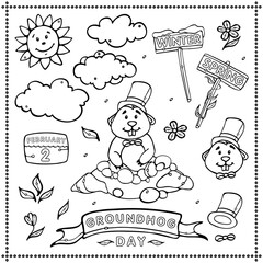 Collection of Happy Groundhog Day. Set of Outline Cartoon Vector Illustrations Forecasting the Weather