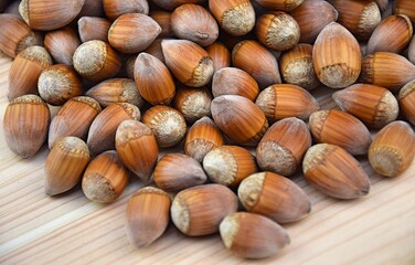 Hazelnuts whole nuts on wooden background