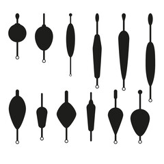 Vector set of fishing floats. Black silhouettes bobber icons isolated on white background. - obrazy, fototapety, plakaty