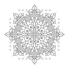 Abstract mandala, centerpiece or whimsical snowflake line art design or coloring page

