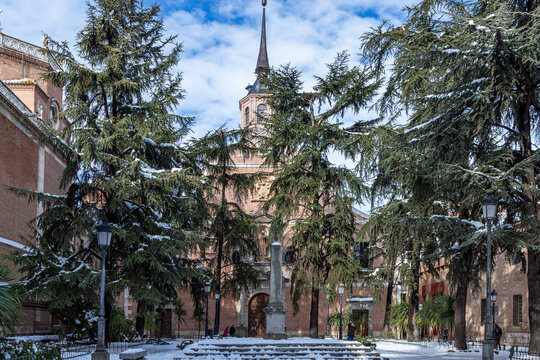 bernardas square after a snowfall with the convent of saint bernard in the background on a sunny day