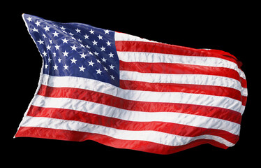 Fototapeta premium American flag waving in the wind isolated on black background. 3D