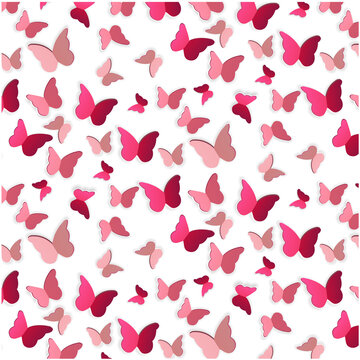 Seamless pattern of pink butterflies on a white background. 3D. Background for Valentines. Vector illustration
