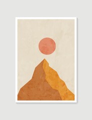 Mountain wall art. Vector earth tones landscapes backgrounds set with moon and sun. Abstract arts design for wall framed prints, poster, cover, home decor, canvas prints, wallpaper.
