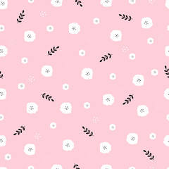 Seamless pattern White flowers on pastel pink background Hand drawn design in cartoon style, use for textile, fabric, print, gift wrap. Vector illustration